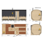 KOBA Quadro Gartensauna Seiteneintritt Grundriss mit Maßen und Ansichten