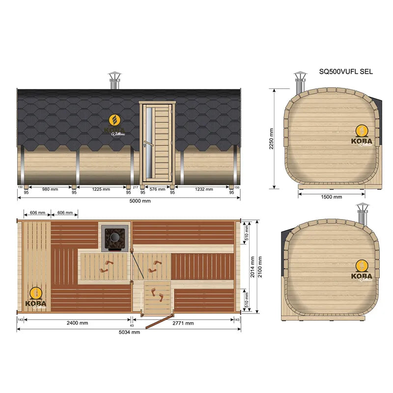 KOBA Quadro Gartensauna Seiteneintritt Grundriss mit Maßen und Ansichten