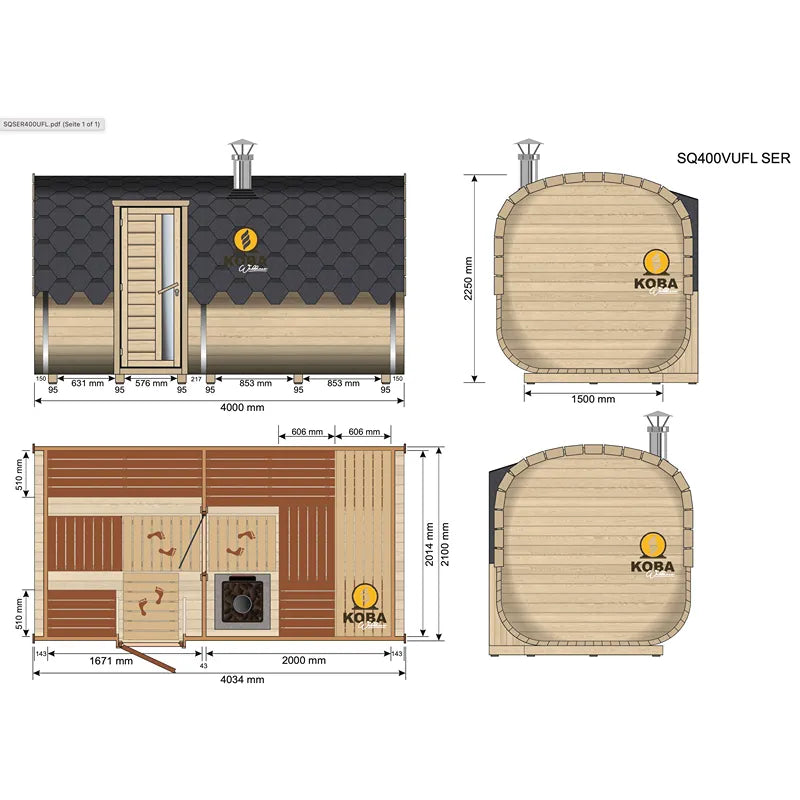 KOBA Quadro Gartensauna Seiteneintritt Grundriss mit Maßen und Ansichten
