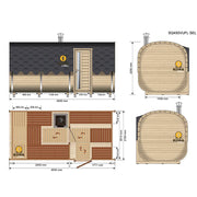 KOBA Quadro Gartensauna Seiteneintritt Grundriss mit Maßen, Draufsicht und Seitenansicht