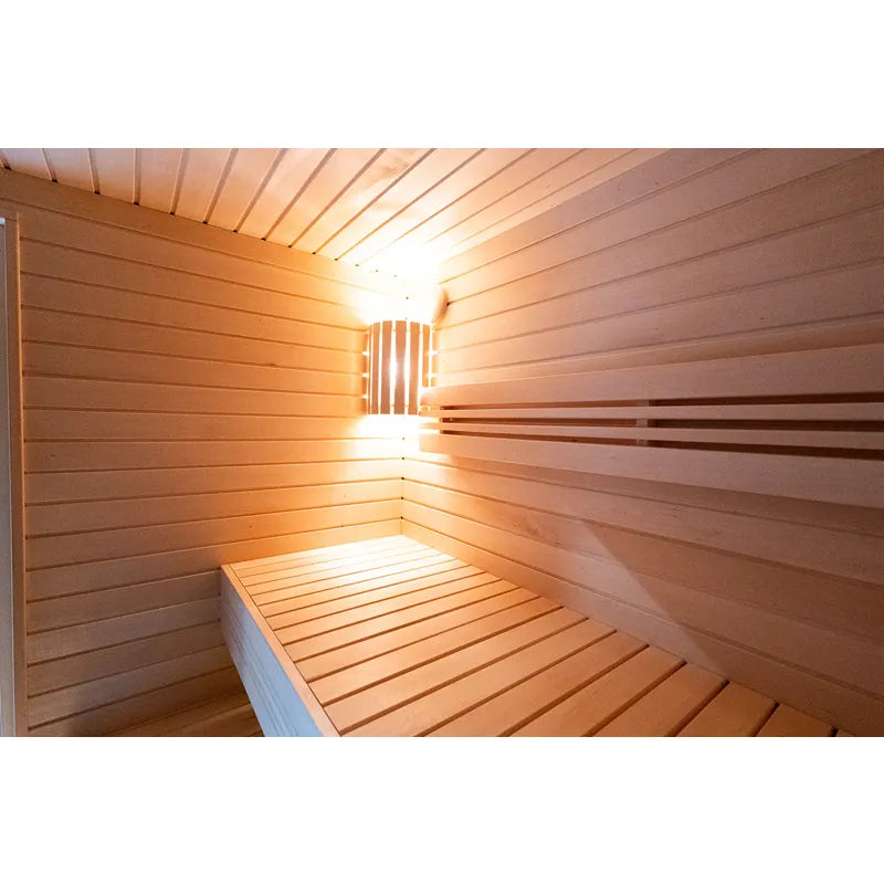 KOBA Varis Gartensauna - Stilvolle Designsauna Innenraum mit Holzbänken und LED-Beleuchtung