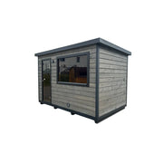 KOBA Varis Gartensauna - Stilvolle Designsauna mit grauer Holzverkleidung und großem Fenster
