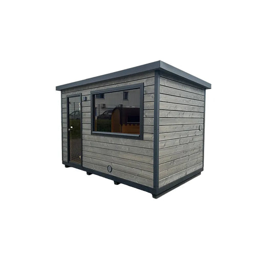 KOBA Varis Gartensauna - Stilvolle Designsauna mit grauer Holzverkleidung und großem Fenster