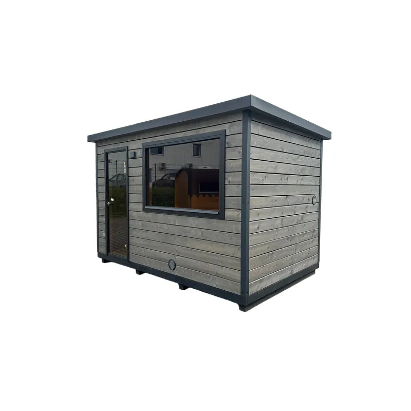 KOBA Varis Gartensauna - Stilvolle Designsauna mit grauer Holzverkleidung und großem Fenster