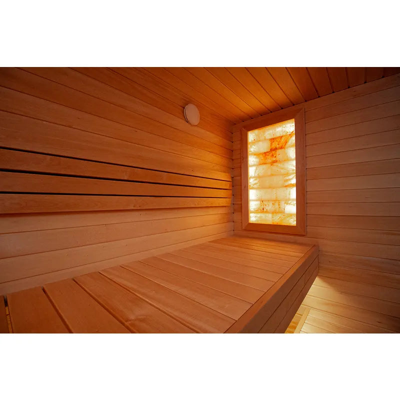 KOBA Varis Gartensauna Innenraum mit Holzbänken, Holzwänden und Infrarotfenster