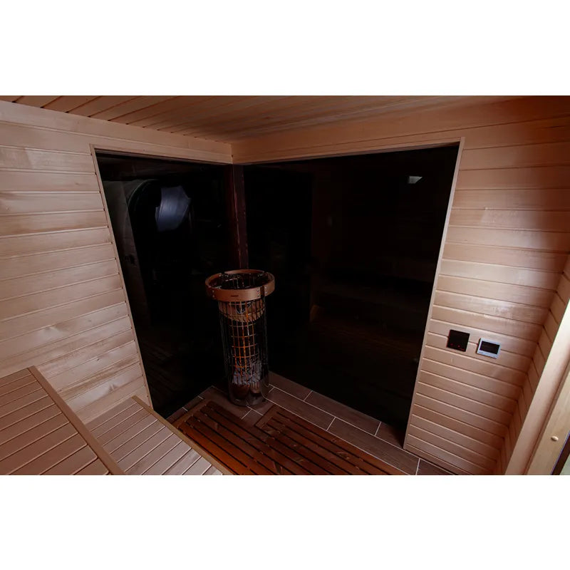 KOBA Varis Gartensauna - Stilvolle Designsauna Innenraum mit Saunaofen und Holzbänken