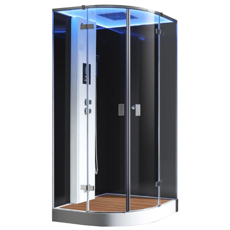 Moderne Dampfdusche EAGO AWT LD210F15 mit gebogenem Rahmen, schwarzen Glaswänden, LED-Beleuchtung oben, Chromgriffe und Holzfußboden