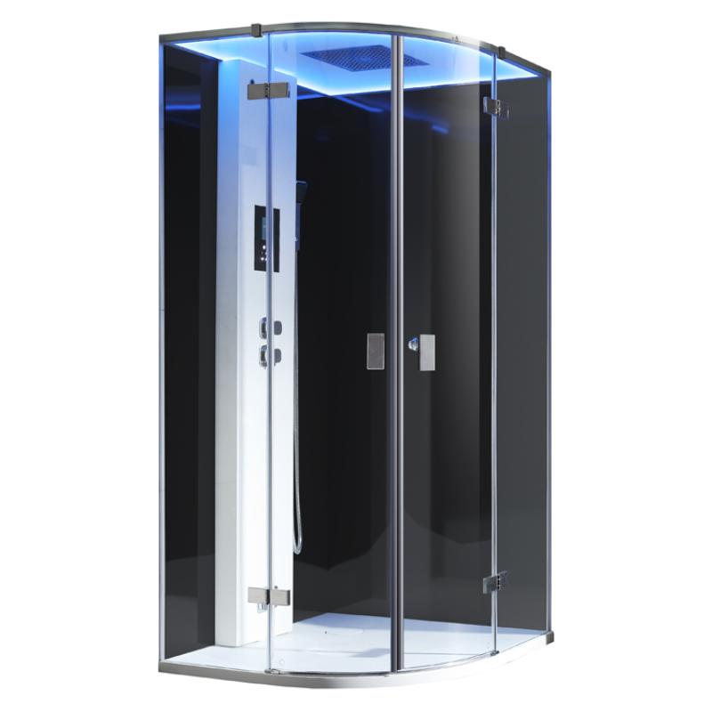 EAGO AWT LD210F15 Dampfdusche in Schwarz mit gebogenen Glastüren, LED-Beleuchtung oben und integriertem Dampfgenerator für 1 Person, 90x90 cm