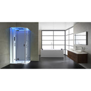 Modernes Badezimmer mit einer weißen EAGO AWT LD210F15 Dampfdusche mit blauer LED-Beleuchtung, freistehender Badewanne und Waschtischanlage an großen Fenstern