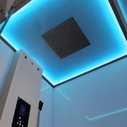 Dampfdusche EAGO AWT LD210F15 mit quadratischem Dampfkopf und blauer LED-Beleuchtung an der Decke, Bedienfeld mit Display an der weißen Seitenwand