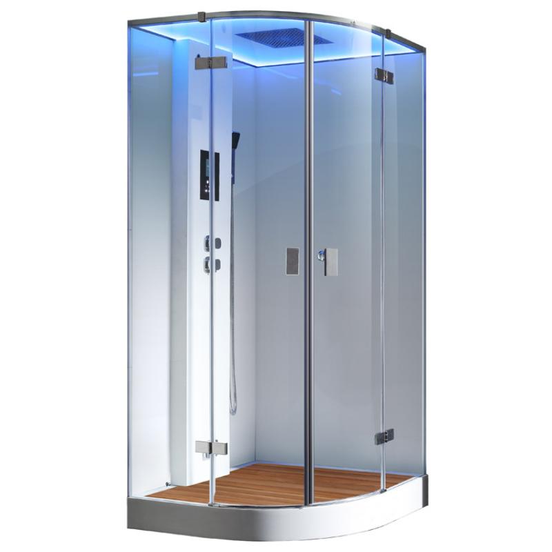 Moderne EAGO AWT LD210F15 Dampfdusche mit gebogener Glaskabine, LED-Beleuchtung, Holzboden und integriertem 3 kW Dampfgenerator für eine Person