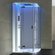 Moderne EAGO AWT LD210F15 Dampfdusche in Weiß mit gebogener Glaskabine, LED-Beleuchtung, digitales Bedienfeld und Dampfgenerator für entspannende Dampfbäder im Badezimmer