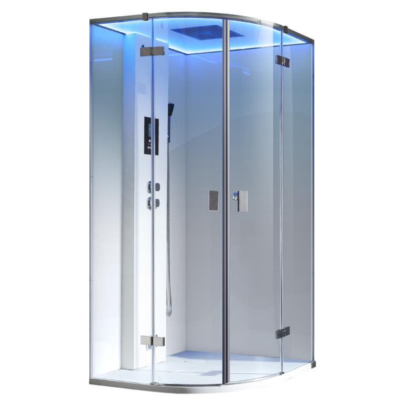 Moderne Dampfdusche EAGO AWT LD210F15 mit eckiger Kabine, Glastüren, integriertem Dampfgenerator und blauer LED-Beleuchtung oben.