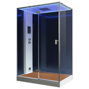 Moderne Dampfdusche EAGO AWT LD211F15 mit schwarzem Glas, weißem Bedienfeld, integriertem Dampfgenerator und Holzboden für zwei Personen