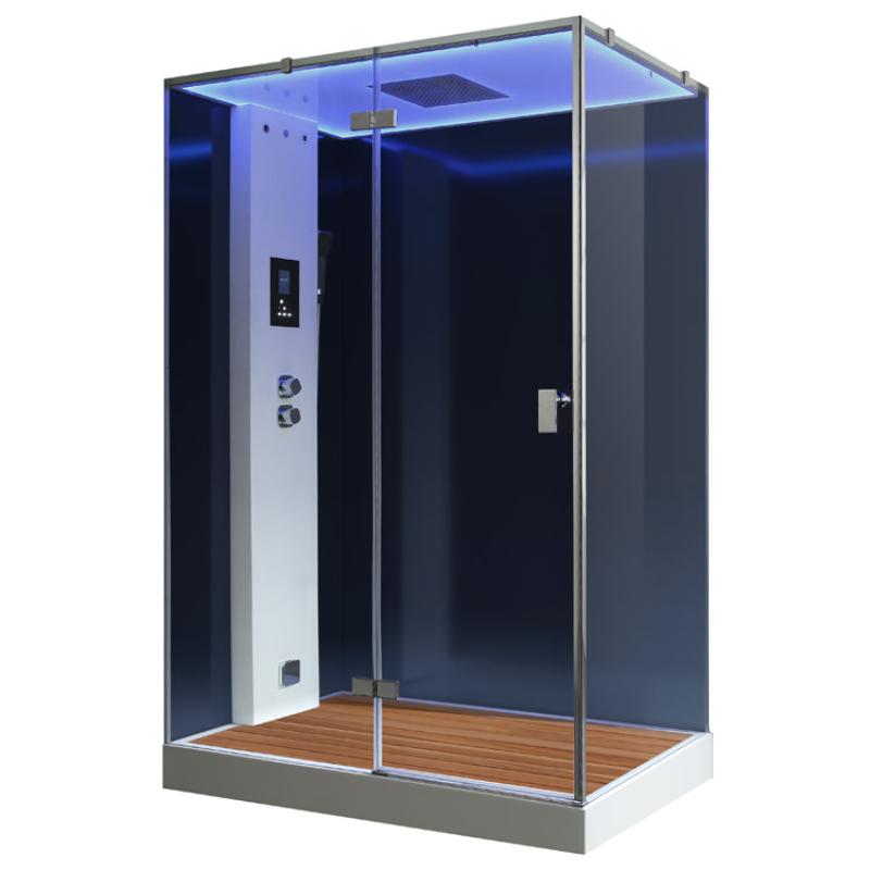 Moderne Dampfdusche EAGO AWT LD211F15 mit schwarzem Glas, weißem Bedienfeld, integriertem Dampfgenerator und Holzboden für zwei Personen