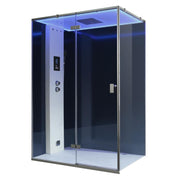 Moderne Dampfdusche EAGO AWT LD211F15 mit schwarzem Glas, breiter Glastür, integrierter Bedienblende, Regenduschkopf und blauer LED-Beleuchtung von vorne