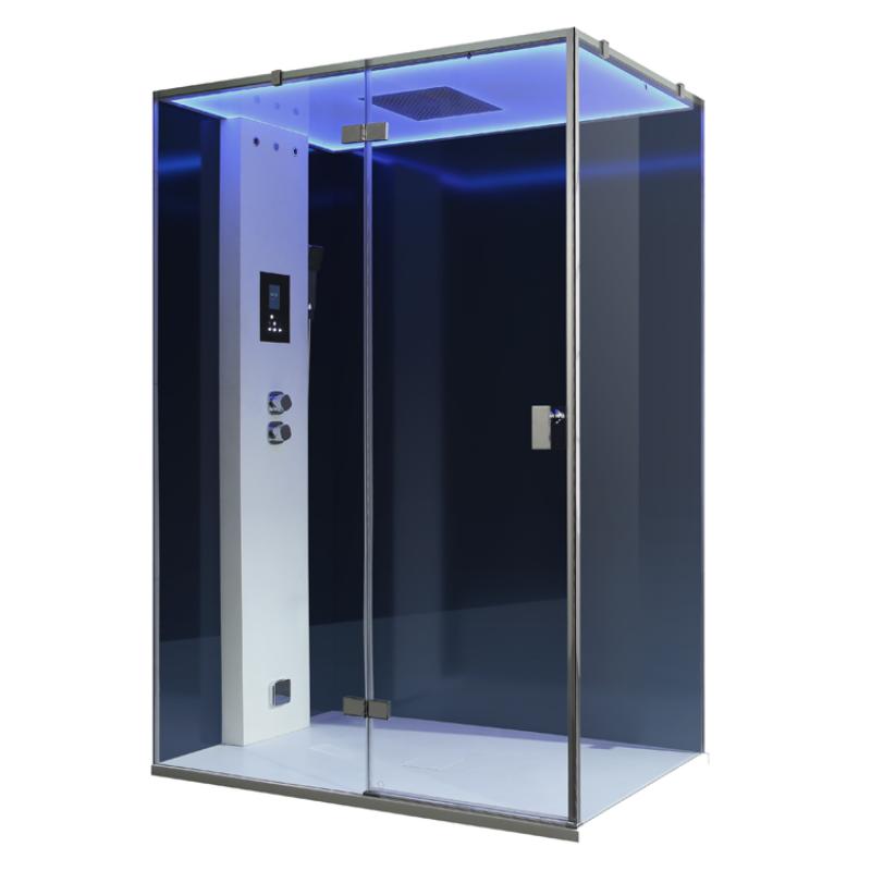 Moderne Dampfdusche EAGO AWT LD211F15 mit schwarzem Glas, breiter Glastür, integrierter Bedienblende, Regenduschkopf und blauer LED-Beleuchtung von vorne