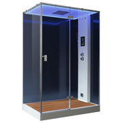 EAGO AWT LD211F15 Dampfdusche mit schwarzen Glaspaneelen, Holzboden, weißer Seitenpaneel mit digitaler Steuerung, LED-Beleuchtung und Duschkopf, für 2 Personen, 150x90 cm