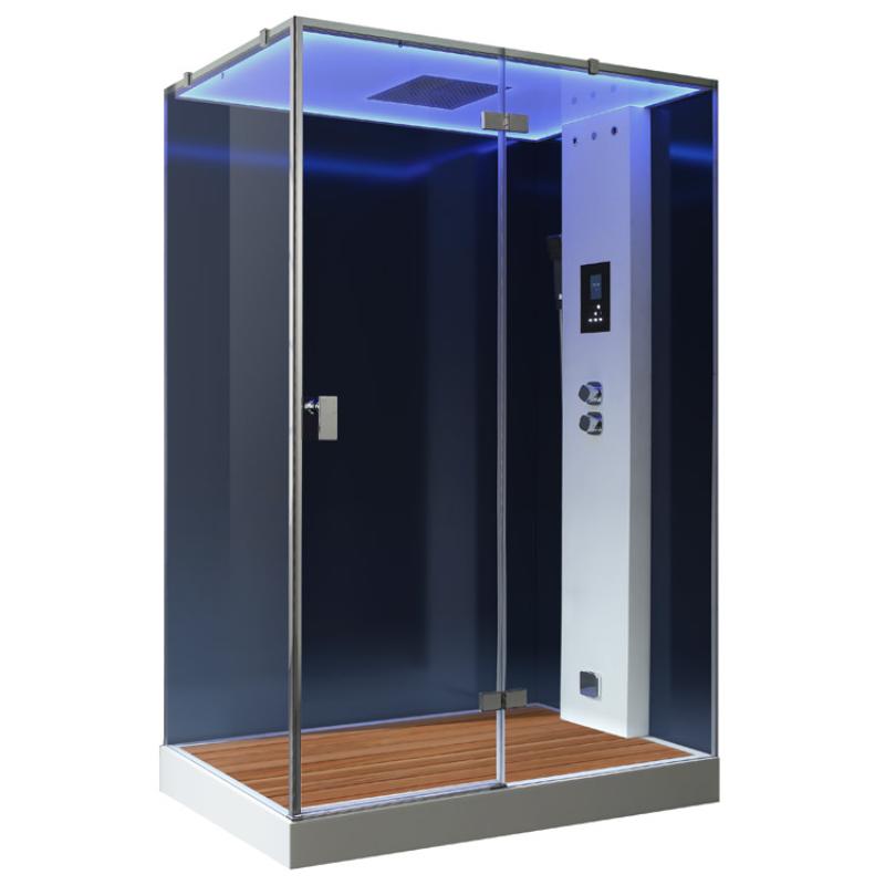 EAGO AWT LD211F15 Dampfdusche mit schwarzen Glaspaneelen, Holzboden, weißer Seitenpaneel mit digitaler Steuerung, LED-Beleuchtung und Duschkopf, für 2 Personen, 150x90 cm