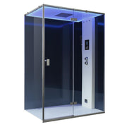 Moderne Dampfdusche EAGO AWT LD211F15 mit schwarzen Glaspaneelen, blauer LED-Beleuchtung, Regenbrause und Bedienfeld an der rechten Seite für zwei Personen.