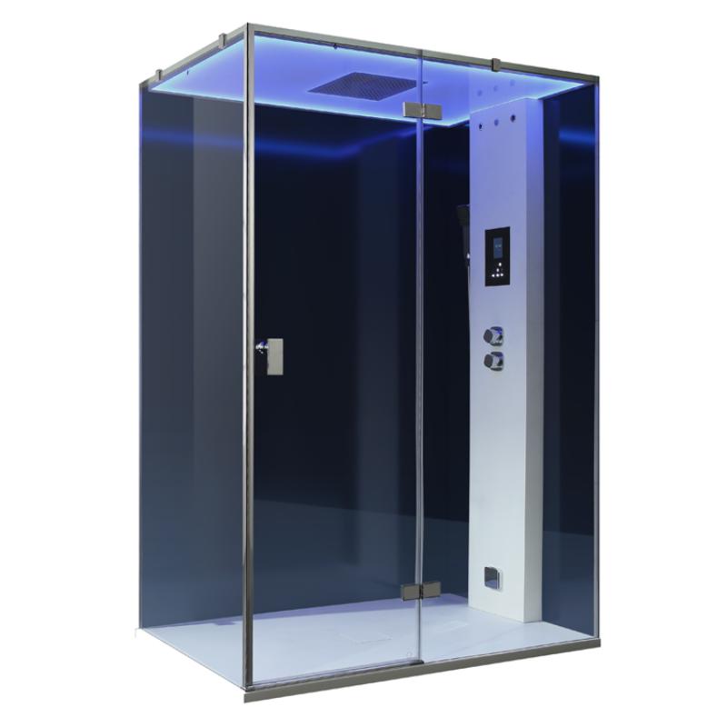 Moderne Dampfdusche EAGO AWT LD211F15 mit schwarzen Glaspaneelen, blauer LED-Beleuchtung, Regenbrause und Bedienfeld an der rechten Seite für zwei Personen.