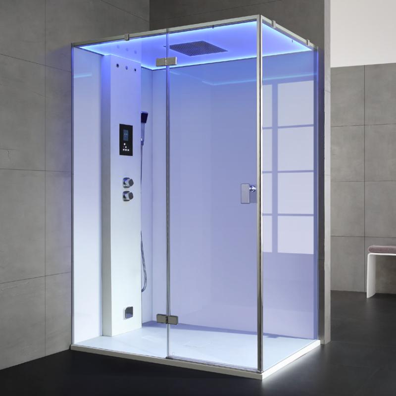 EAGO AWT LD211F15 Dampfdusche mit blauer LED-Beleuchtung, Glastüren, Duschkopf und seitlichem Bedienfeld in modernem Badezimmer