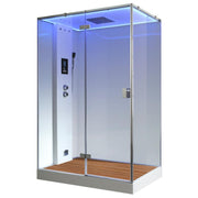 EAGO AWT LD211F15 Dampfdusche mit mattierter Glaswand, Holzboden, Steuerungspanel und blauer LED-Beleuchtung von innen, 150x90 cm für zwei Personen.