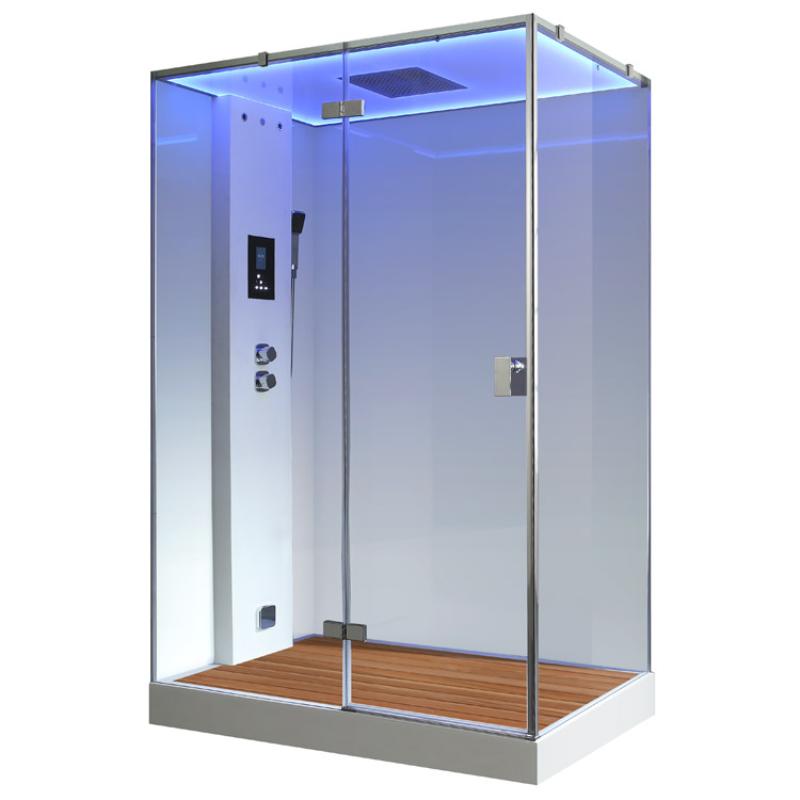 EAGO AWT LD211F15 Dampfdusche mit mattierter Glaswand, Holzboden, Steuerungspanel und blauer LED-Beleuchtung von innen, 150x90 cm für zwei Personen.