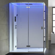 EAGO AWT LD211F15 Dampfdusche mit blauer LED-Beleuchtung, Glastüren und integriertem Bedienfeld in modernem Badezimmer