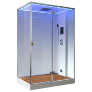 Moderne Dampfdusche EAGO AWT LD211F15 mit weißem Rahmen, mattiertem Glas, Holzboden und blauer LED-Beleuchtung für 2 Personen.