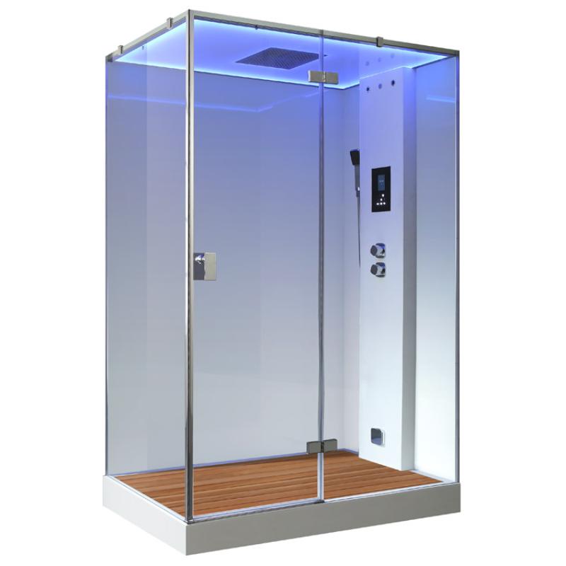 Moderne Dampfdusche EAGO AWT LD211F15 mit weißem Rahmen, mattiertem Glas, Holzboden und blauer LED-Beleuchtung für 2 Personen.