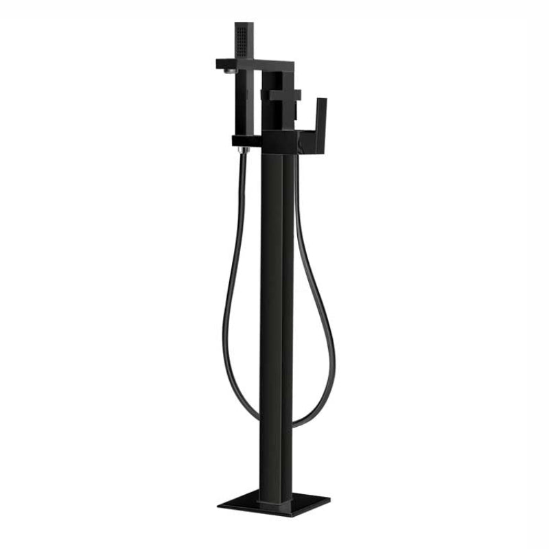 EAGO StoneArt Lecco Standarmatur in Schwarz mit quadratischem Fuß, vertikalem Schaft und Wannenrandmischer mit integriertem Handbrausehalter und Schlauch