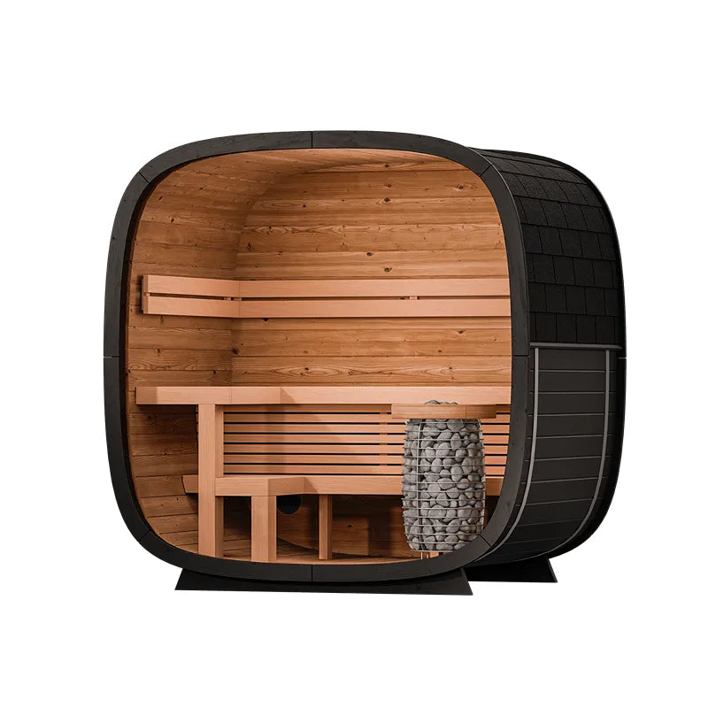 Leil Black Cube Classic Gartensauna 4 Personen von Leil Saunas mit schwarzem Außengehäuse, Holzinnenraum und Saunaofen