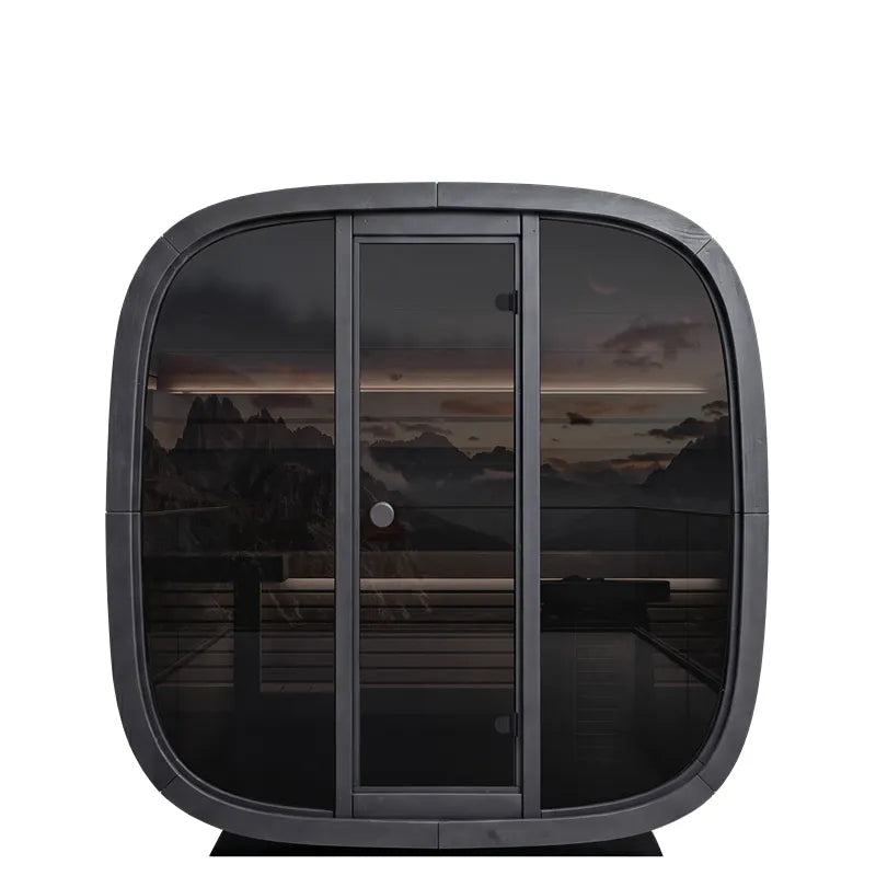 Leil Black Cube Classic Gartensauna von Leil Saunas mit schwarzem Kunststoffrahmen, getönten Glaspanelen und Holzbänken im Innenraum