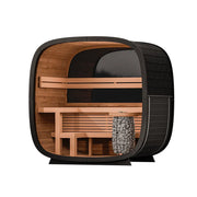 Leil Black Cube Classic Gartensauna 4 Personen von Leil Saunas mit schwarzem Außenrahmen, Holzinnenraum und Saunaofen