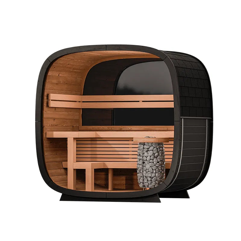 Leil Black Cube Classic Gartensauna 4 Personen von Leil Saunas mit schwarzem Außenrahmen, Holzinnenraum und Saunaofen
