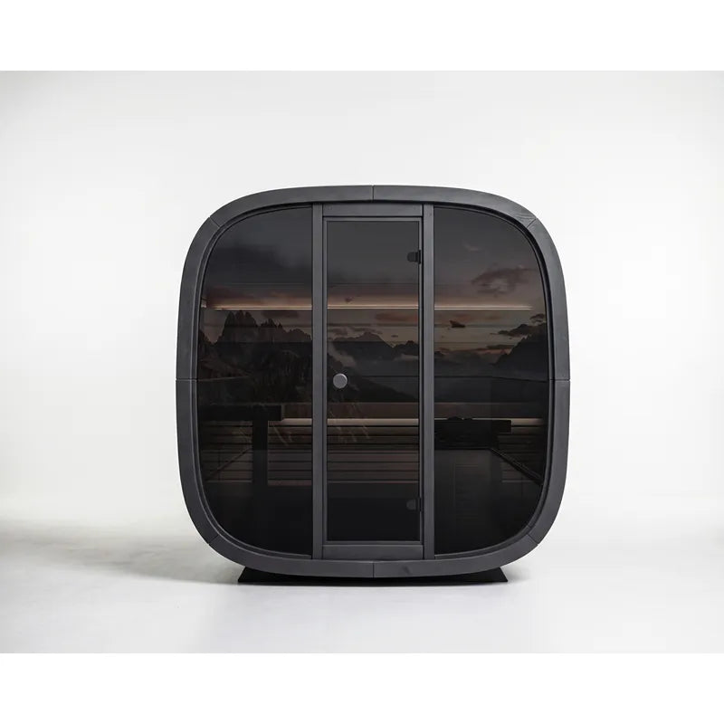 Leil Black Cube Classic Gartensauna 4 Personen von Leil Saunas mit schwarzem Rahmen und getönten Glastüren
