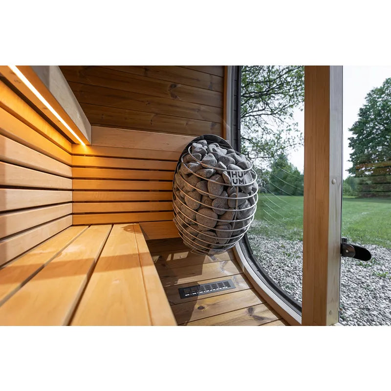 Leil Black Cube Classic Gartensauna 4 Personen Innenraum mit Holzbänken, LED-Beleuchtung und Saunaofen