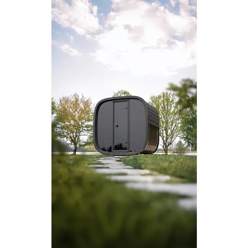 Leil Black Cube Classic Gartensauna 4 Personen mit schwarzem Kunststoffgehäuse im modernen Garten