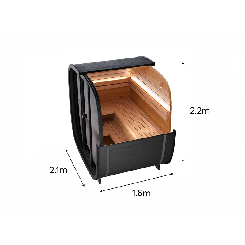 Leil Black Cube Classic Gartensauna 4 Personen mit Dimensionen: 1,6m Breite, 2,1m Tiefe, 2,2m Höhe, Innenraum mit Holzbänken