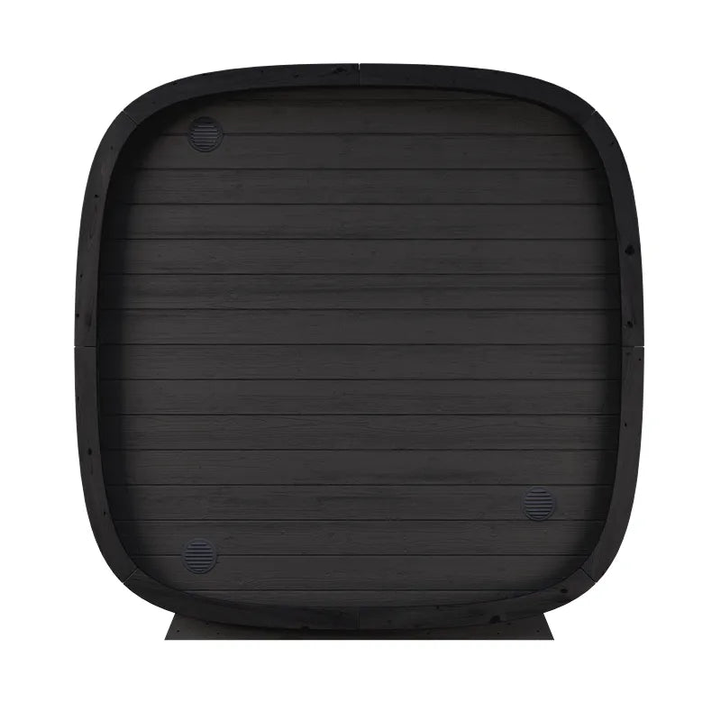 Leil Black Cube Classic Gartensauna 4 Personen, quadratische schwarze Holzsauna mit Lüftungsgittern, Rückansicht