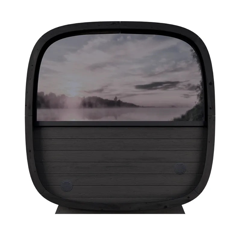 Leil Black Cube Classic Gartensauna 4 Personen mit großem Panoramafenster und Holzverkleidung