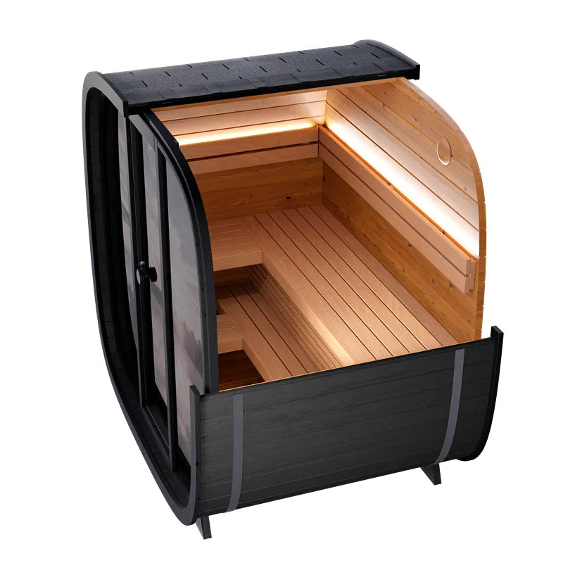 Leil Black Cube Classic Gartensauna 4 Personen mit schwarzem Außengehäuse, geöffnete Tür zeigt Innenraum mit Holzbänken und LED-Beleuchtung