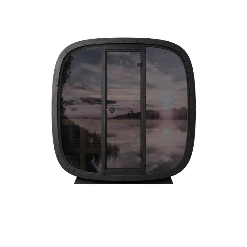 Leil Black Cube Classic Gartensauna 4 Personen mit großem Panoramafenster und moderner schwarzer Würfelform