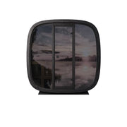 Leil Black Cube Classic Gartensauna 4 Personen mit schwarzem Rahmen und großen Panoramafenstern, Frontansicht