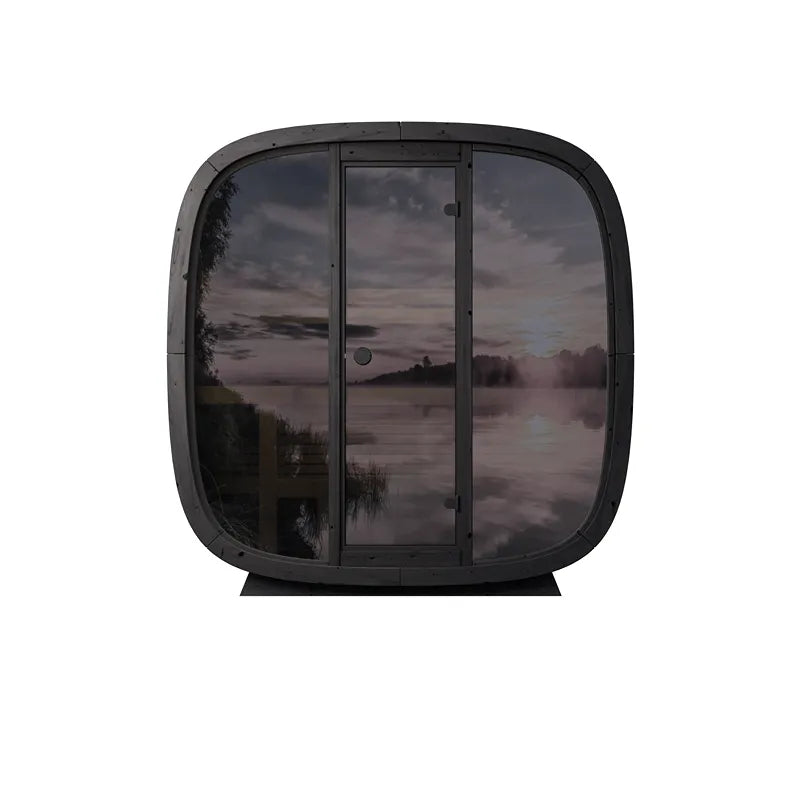 Leil Black Cube Classic Gartensauna 4 Personen mit schwarzem Rahmen und großen Panoramafenstern, Frontansicht
