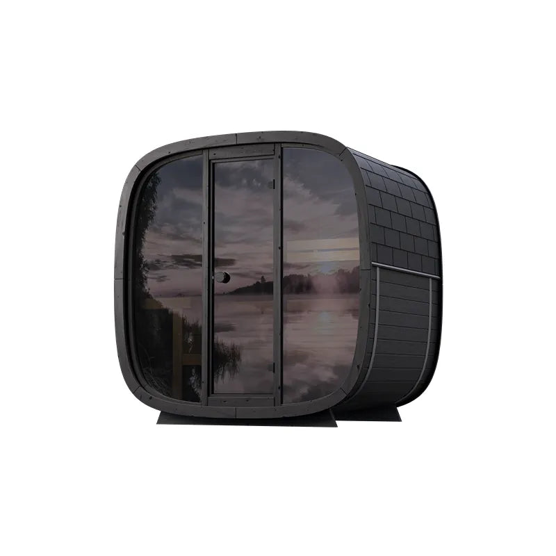 Leil Black Cube Classic Gartensauna 4 Personen von Leil Saunas mit schwarzem Design und großen Glasfenstern, Seitenansicht