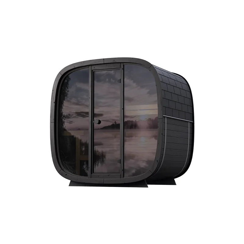 Leil Black Cube Classic Gartensauna 4 Personen von Leil Saunas mit schwarzem Design und großen Glasfenstern