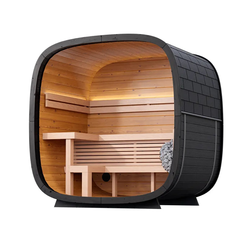 Leil Black Cube Classic Gartensauna 4 Personen von Leil Saunas mit schwarzem Außengehäuse und Holzinnenraum, Seitenansicht