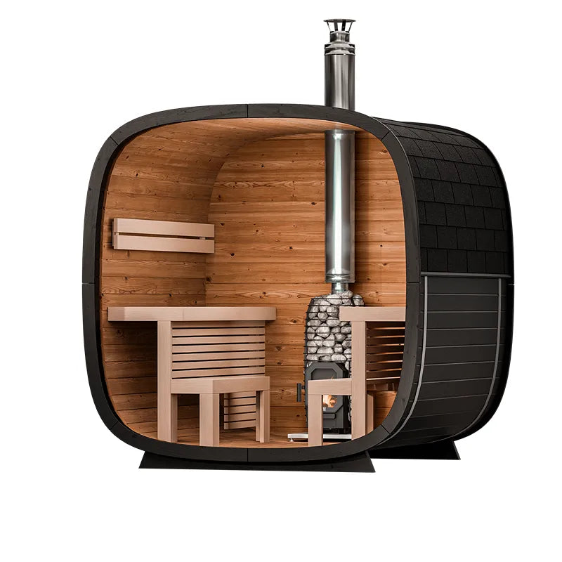 Leil® Black Cube Comfort Gartensauna bis 6 Personen von Leil® Saunas mit schwarzem Außendesign, Holzinnenraum und Ofen